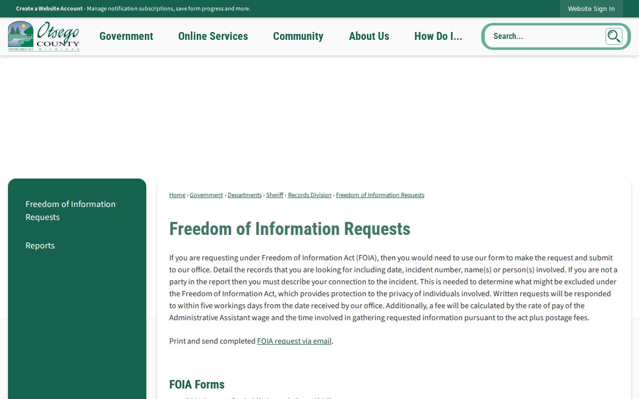 Otsego County arrest record Sheriff FOIA form route
