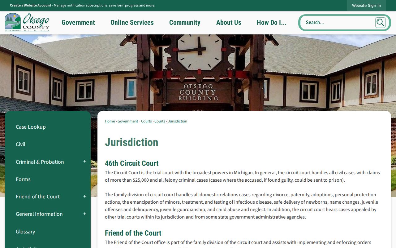 Otsego County criminal court case jurisdiction page