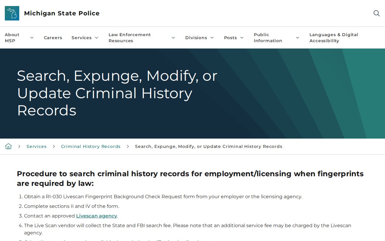 Vanderbilt criminal history review and correction through Michigan State Police