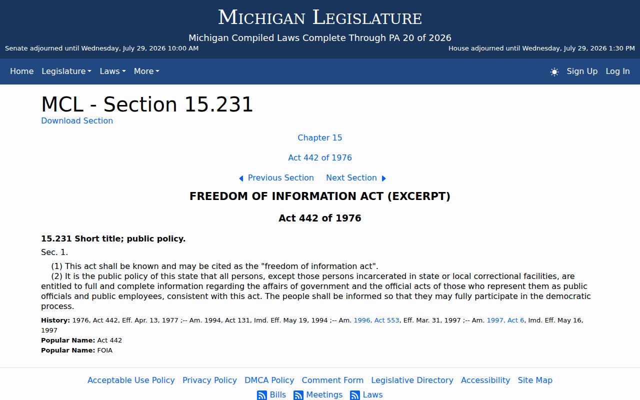Vanderbilt criminal records under Michigan FOIA access law